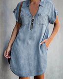 Chic Women's Denim Shirt Dress with Pockets & Modern Zipper