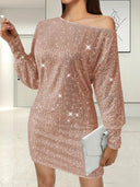 Chic Mini Dress with Asymmetrical Neckline & Balloon Sleeves