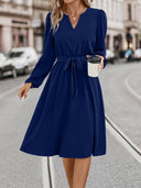 V-Neck Women's Dress with Waist Belt and Long Sleeves