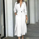 Women's Linen Maxi Dress with Button Placket and Side Slits
