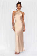 Chic Satin Maxi Dress with High Neck Design