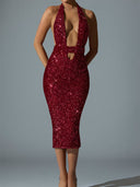 Glamorous Sequin Midi Dress with Deep V-Neck