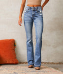 Trendy Women's Flared Jeans with Distressed Design