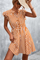 Chic Women's Striped Short Sleeve Dress with Ruffle and Drawstring Detail