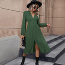 Chic Midi Dress with V-Neck & Button Accents