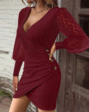 Chic Women's Wrap Dress with Lace Sleeves and Button Accents
