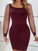 Chic Women's Evening Dress with Sheer Sleeves and Dazzling Accents