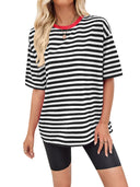 Women's Striped Oversized Round Neck Tee with Contrast Accents
