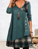 Asymmetrical Women's Dress with Checked Hem & Button Detail