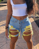 Trendy Women's Destroyed Denim Shorts with Frayed Hems