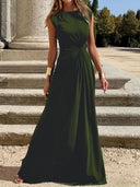 Chic Maxi Dress with Gathered Design and Round Neck
