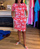 Graphic Print Short Sleeve Shirt Dress with Side Pockets