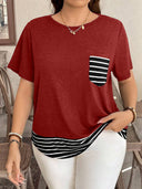 Striped Hem Women's T-Shirt with Chest Pocket