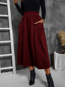 Women’s Midi Skirt with Elastic Waist and Pocket Design