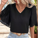 Chic Women's V-Neck Blouse with Pleated Sleeves