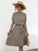 Chic Bow Pattern Dress with High Collar