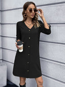 Women’s V-Neck Button Dress with 3/4 Sleeves