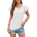 Women's V-Neck T-Shirt with Ruffle Accents and Eyelet Design
