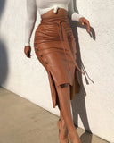Chic Pencil Skirt with Asymmetrical Slit & Ruffle Design