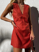 Women's Linen Dress with Deep V-Neck and Sleeveless Style