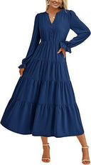 Chic Women's Maxi Dress with Button Details and Flowing Sleeves