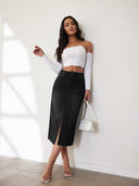 Chic Women's Denim Midi Skirt with Side Slit