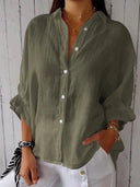 Pure Linen Women's Blouse with Button Placket and Wide Sleeves