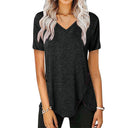 Stylish Women's V-Neck Tee with Asymmetrical Hem & Button Accents