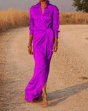 Chic Women's Maxi Dress with Unique Collar and Side Slit