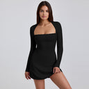 Chic Women's Long-Sleeve Mini Dress with Ribbed Texture and Stylish Neckline