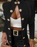 Chic Knit Blazer with Gold Buttons and Stand-Up Collar