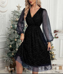 Glamorous Midi Dress with Sheer Puff Sleeves and Sequin Design