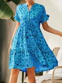 Floral Dress with Button Placket & Ruffle Accents