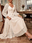 Ladies Lace Midi Dress with Puff Sleeves and Waist Tie
