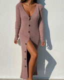 Chic Long Knit Dress with Deep V-Neck & Button Accents