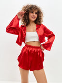 Chic Satin Blouse with Contemporary Collar and Button Closure