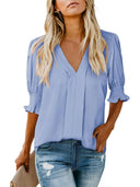 Chic V-Neck Blouse with Ruffled Sleeves and Pleats