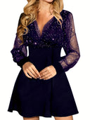 Chic Women's Dress with Sheer Sleeves and Shimmering Accents
