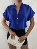 Stylish Short Sleeve Blouse with Stand-Up Collar and Button Accents