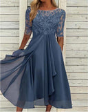 Ladies Lace Sleeve Midi Dress with Flared Skirt