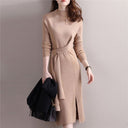 Chic Knitted Dress with Side Slit and Fitted Belt