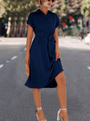 Chic Knee-Length Shirt Dress with Waist Belt and V-Neck Design