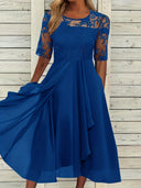 Ladies Lace Sleeve Midi Dress with Flared Skirt