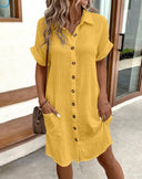 Chic Short Sleeve Shirt Dress with Button Placket and Handy Pockets