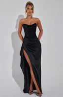 Chic Evening Dress with Glittering Bodice and High Slit