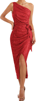 Women’s Asymmetrical Evening Gown with Sequin Detail and High Slit