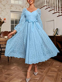 Ladies Lace Midi Dress with Puff Sleeves and Waist Tie
