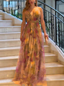 Chic Maxi Dress with Deep V-Neck and Flowing Layers