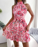 Floral Short Dress with Flared Skirt for Women