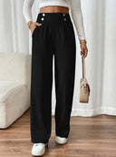 Chic Women's Wide Leg Trousers with Decorative Buttons